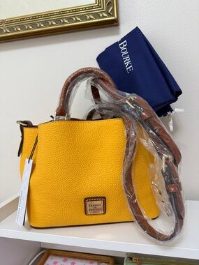 Dooney & Bourke Bright Yellow Pebble Leather Satchel with Brown Trim